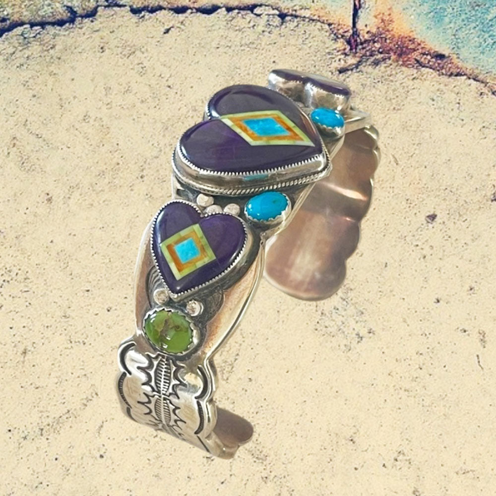Sterling Silver Large Sugilite Hearts Inlay with Turquoise Hand Stamped Cuff Bracelet